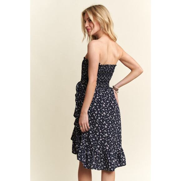 ADORA Smocked Floral Pattern Side Pockets High-Low Hem Tube Midi Dress | Navy - Picture 4 of 7